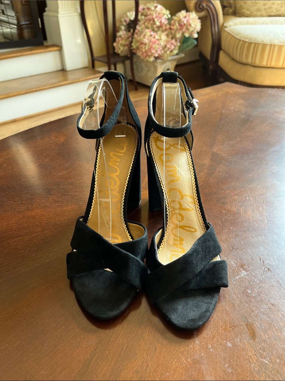 Sam Edelman Black Suede Ankle-Strap Block Heels